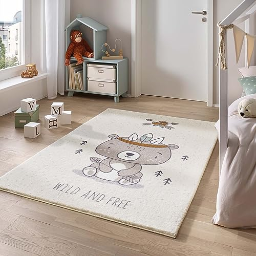 Taracarpet Teppich für das Kinderzimmer Kinderzimmerteppich und Jugendzimmerteppich Soft Kids kuschelig weich in verschiedenen Designs Wild and Free Bär 120x170 cm