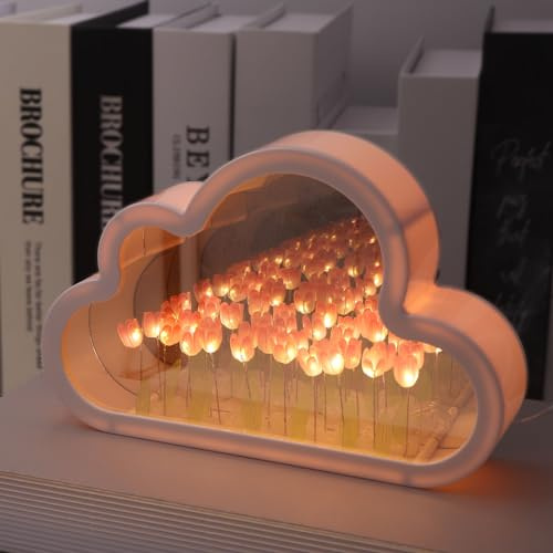 ITOWNKN Veilleuse tulipe miroir nuage, lampe de nuit décorative en forme de fleur, lampe de table décorative pour salon, cadeau pour enfants, filles, amies, décoration d'ambiance de bureau (rose)