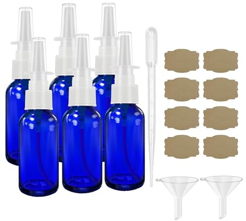 GIVAMEIHF Nasenspray-Flaschen, 6 Stück (30 ml) mit 2 x Trichter, 1 x Pipette, 8 x Etikett, leere Nasensprayflasche, bernsteinfarbenes Glas, Sprühkopf, nachfüllbar, tragbar, feiner Nebel,