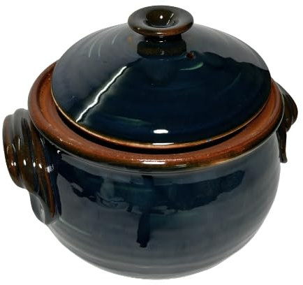 etara Wein&Feinkost Kollektion/Tontopf, Bräter, Schmortopf mit Deckel, Güvec, Brottopf, Joghurttopf, Keramik, bulgarische Tradition, hochwertige Handarbeit (Dunkelblau - Türkis, 3 Liter)