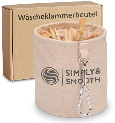 SimplySmooth Borsa per Mollette – Contiene fino a 200 pezzi in legno. Realizzata in 100% cotone, con moschettoni extra grandi per appenderla e chiusura pratica. Perfetta per organizzazione e comodità