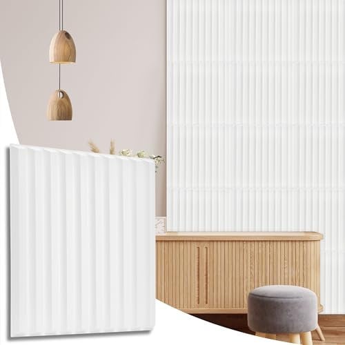 NOVECRAFTO Fluted Line Effect 3D Wall Panels - Pack of 8 Sheets 21.53 sq ft (2 sqm) - Decorative Cladding Panel Size 19.6x19.6 (50x50cm) - PVC Wall Panelling Fluted Line Design in Matte White