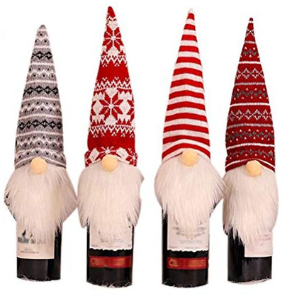KKPLZZ 4 Packs Christmas Gnome Wine Bottle Covers Handmade Tomte Swedish Gnomes Wine Bottle Toppers Decorative Santa Scandinavian Gift for Christmas Decoration (Colorful)