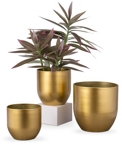 Oairse 3er Set Blumentöpfe aus verzinktem Stahl perfekt für Moderne Dekoration und Pflanztöpfe, Dekorativen Zink Töpfen drinnen und draußen,16.5cm/13.5cm/12cm, Gold