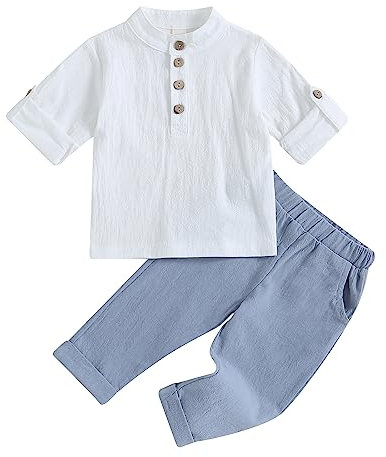 Geagodelia Completo Bambino Casual 2 Pezzi Tuta Neonato Estate Camicia Manica Corta con Bottoni +Pantaloni Lungi Vestiti Bambini Lino di Cotone (Blu, 12-18 Months)