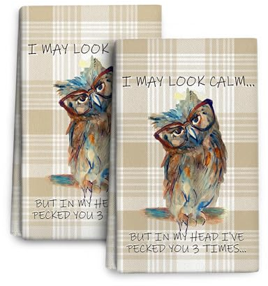 Wovoto Geschirrtücher mit lustigen Eulen, dekorativ, 2er-Set, saugfähig, niedlich, Büffelkariert, Geschirrtücher für Küche, Bauernhaus, Einweihungsbar, Bar, Kochen, Backen, Trocknen, Dekoration