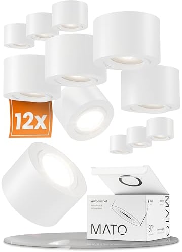 MATO 12x LED Aufbauspots weiß - extra flach & schwenkbar - Ø80x50mm - Aufbauspot Decke inkl. 5W LED Modul 230V - 3000K warmweiß - Deckenspots, Aufbaustrahler, Aufputz Deckenstrahler LED