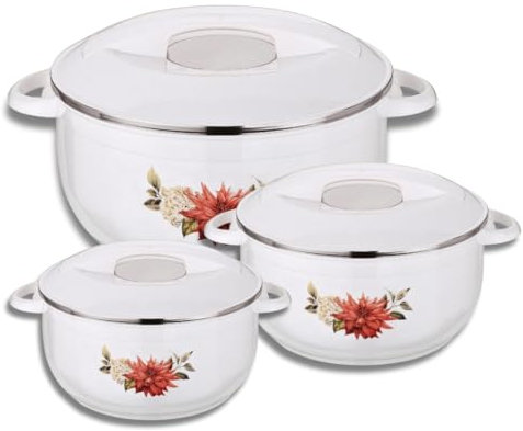 Nova Kasserolle, Edelstahl-isolierter Hot Pot, eleganter Speisenwärmer Kühler, Thermo-Servierschüssel, hält Lebensmittel stundenlang warm, heiß und kalt, Set mit 3 Stück (1,0 l, 1,6 l, 2,5 l) (weiß)