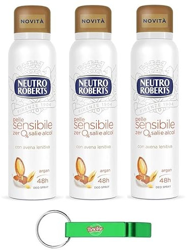 3x Neutro Roberts Deodorante Spray Avena,Deospray für Empfindliche Haut mit Hafer und Argan,Wirksam 48 Stunden Ohne Salze und Alkohol - 150ml + Beni Culinari Kostenloser Schlüsselanhänger