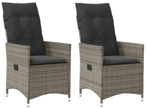 vidaXL Gartensessel mit Kissen 2 STK., Verstellbar Gartenstuhl mit Stahlrahmen, Loungesessel für Außenbereich, Relaxsessel Sthulset, Grau Poly Rattan