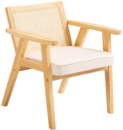 VEVOR Rattan Chair, Mid Century Modern Dining Chair with Armrest, Upholstered Chair with Rattan Back, Retro Rattan Dining Room Kitchen Chair for Living Room, Bedroom, Reading Room, and Office, Beige