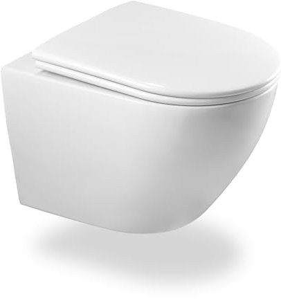 Inodoro sin bordes con tapa de inodoro, inodoro colgante de cerámica, moderno juego de inodoro, tapa de inodoro en forma de D (blanco)