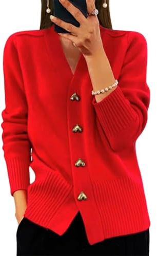 shownicer Cardigan Donna a Casual Maniche Lunghe Giacca in Maglia Elegante Maglione Aperto con Bottoni Cardigan Elegante Sweater per Primavera Autunno A Rosso S