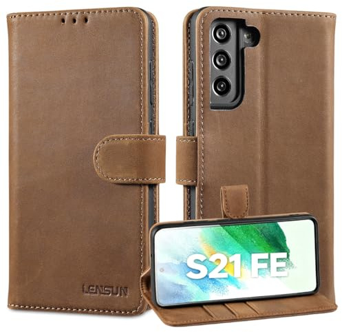 LENSUN Lederhülle für Samsung Galaxy S21 FE, Echtleder Handyhülle [Echtes Leder] [RFID Schutz] Klappbar Hülle Handytasche für Galaxy S21 FE 5G - Vintage Dunkelbraun