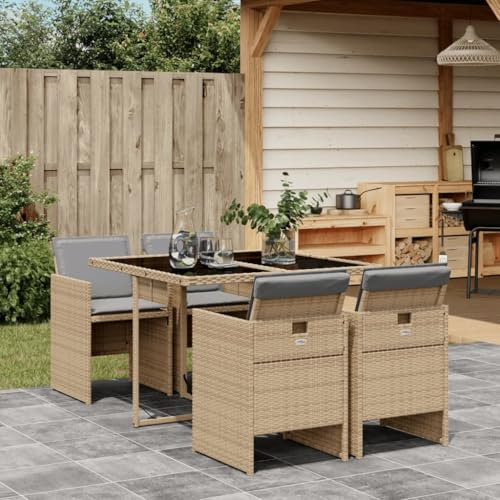 Gecheer 5-TLG. Garten Essgruppe 4 Personen, Rattan Gartenmöbel Set, Sitzgruppe Garten Lounge 4 Stühle mit Tisch, Balkon Möbel, Terrassenmöbel Set, Gartengarnitur Sitzgarnitur, Kissen,Beigemischung