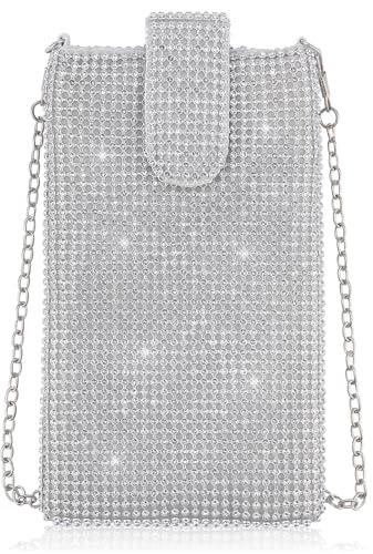 LNQ LUNIQI 1 Stück Handytasche zum Umhängen Damen Strass Glitzer Handy Umhängetasche Abnehmbare Metallkette Tasche mit Magnetischer Knopf für Hochzeit Abendessen Abschlussball