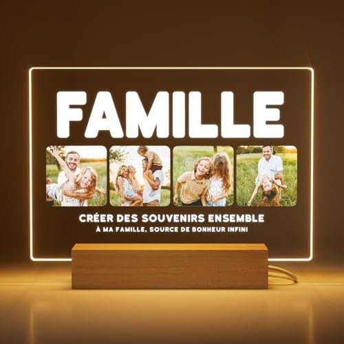 Greatminer Cadeau Personnalisé Famille avec Photo et Dédicace - Cadre Photo Familial - Cadeau Original pour Membres de la Famille - Verre Acrylique 18x14 cm avec Option de Socle LED