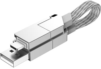 6-in-1 USB Multi Charging Cable, 100W PD Fast Charging USB C Cable, Keychain Cable, Magnetic Key Ring with Lighting, Type-C & Micro & USB-A Ports for Smartphones, Tablets, Power Banks (White Gray)