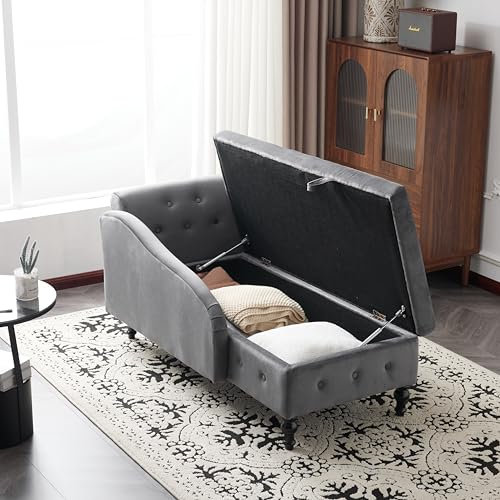 Samt Chaiselongue Sofa, Indoor Lounge Sofa mit Rechter Armlehne,mit Stauraum,Chaiselongue-Couch mit Kissen,moderner Loungesessel mit Nagelkopfbesatz (Grau)