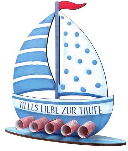 BETESSIN Taufgeschenke Jungen Blau - Alles Liebe zur Taufe - Holz Boot mit Basis - Geldgeschenk zur Taufe - Taufe Geschenk Babygeschenk Geschenke Geburt für Junge und Mädchen