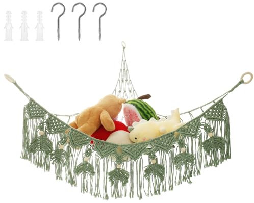 KTCINA Stuffed Animal Storage Hammock with Tassel, Large Toy Hammock Net for Stuffed Animals Corner Hanging Stuffed Animal Storage Teddy Hammock Soft Toy Storage Organizer for Nursery (Green)
