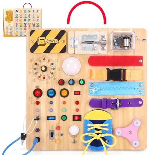 23 in 1 Busy Board Montessori Spielzeug ab 1 jahr Activity Board Spielzeug ab 2 3 jahre Holzspielzeug Sensory Spielzeug mit 15 Schalter,26 LED-Leuchten,Spieluhr,Schloss,Reißverschluss,Schnürsenkeln