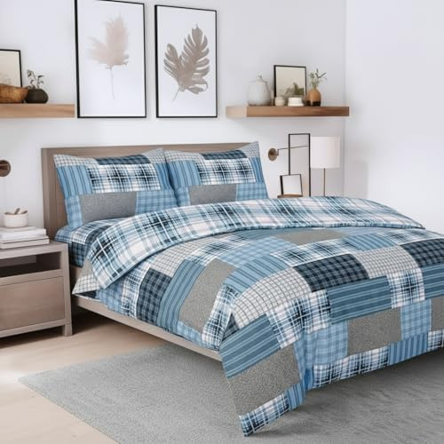 ZIYA HOMES King Size Duvet Cover Set Polycotton 3 Piece - Printed Reversible Bedding, Soft Easy Care Quilt Cover with Pillowcases (Denim Blue, 230x220 cm)