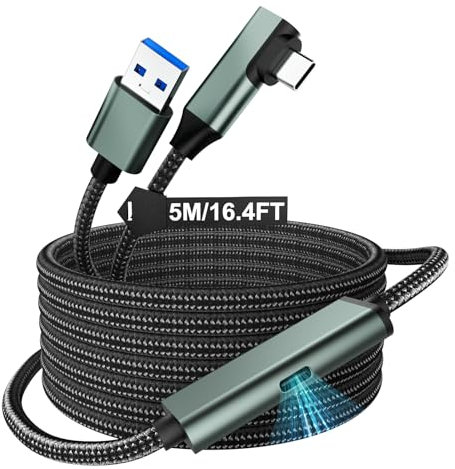 Juseisin 5M VR Link Cable Charging for Meta Quest 3S/3/2, Pico 4, USB 3.0 to USB-C Braided Cable with 5Gbps Data & 18W PD Fast Charge, L-Shape Connector (Black-Grey)