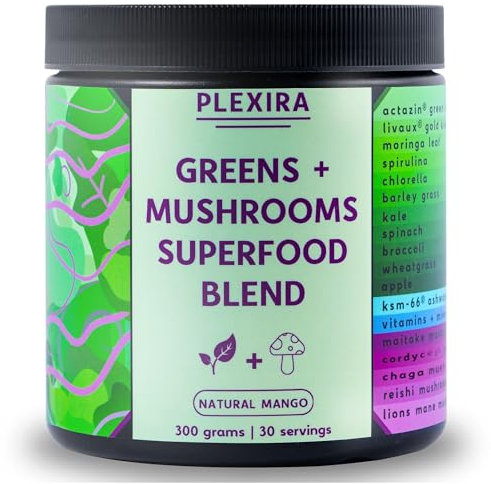 Super Greens Powder with Mushrooms 300g by Plexira – Natural Mango Greens Superfood Blend for Gut Health, Focus and Immunity
