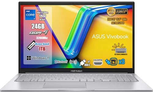 ASUS VivoBook 15 Pc Portatile, Notebook i7-1255U, RAM 24 Gb DDR4, SSD 1Tb, Display 15.6 FHD, Wi-Fi 6E, BT 5.3, Hdmi, Usb Type-C, Mouse Wi-Fi, Tastiera Retroilluminata
