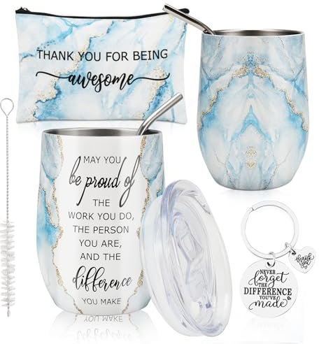 Povxlum Employee Appreciation Gift Sets Thank You for Being Awesome 12oz Stainless Steel Tumbler Keychain Makeup Bag for Team Coworker Staff (Blue)