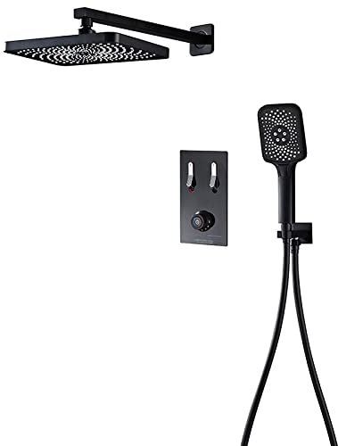 Mitigeur Bain encastré Noir, mitigeur Douche thermostatique avec Pomme Douche, Flexible et Support