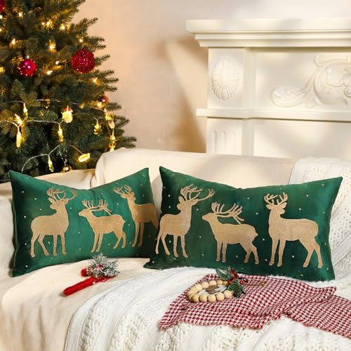Lewondr Christmas Soft Velvet Throw Pillow Cover, Green, 2 Pack, 12x20 | Deers Embroidery, Decorative Throw Pillow Case, 30x50cm, Soft Velvet, Embroidery Cushion Cover, For Bed Sofa Chair Home