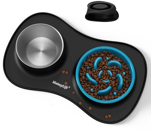 MateeyLife Set de Gamelle Chien 3 en 1, Gamelle Anti Glouton et Eau en Acier Inoxydable avec Tapis Anti-Dérapant en Silicone, Bols pour Chiots pour Races Petites, Moyennes et Grandes 51.5×30.7 cm