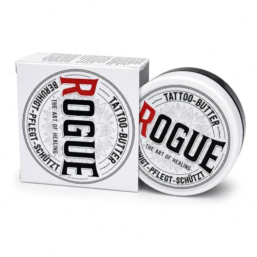ROGUE® Tattoo Butter – Tattoopflege mit Shea Butter, Jojobaöl & Bienenwachs – Aftercare für frische Tattoos & tägliche Pflege – Tattoo Pflege zur Hautberuhigung & Farbschutz – Made in Germany (50ml)