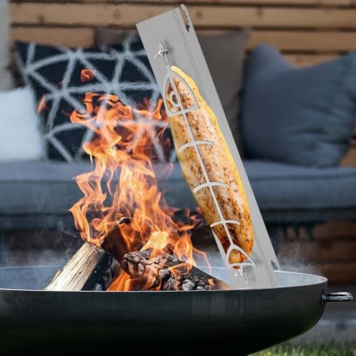 Sararoom Edelstahl Flammlachshalter Fischgriller Fischhalter | 52x11,5cm Große Fischbräter Metall, 180° drehbar Fischgrill,5-stufige Neigungseinstellung Grillfisch Rack Fischgrillzange Fischkorb Grill