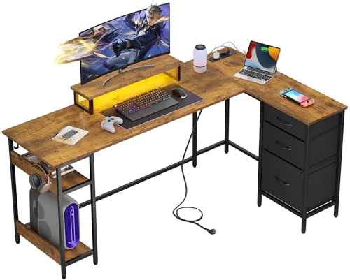 DEVAISE Bureau d'angle en L 170 x 100 cm avec Tiroirs avec Prises, LED et Étagères de Rangement, Table pour Gaming, Bureau et Télétravail, Marron