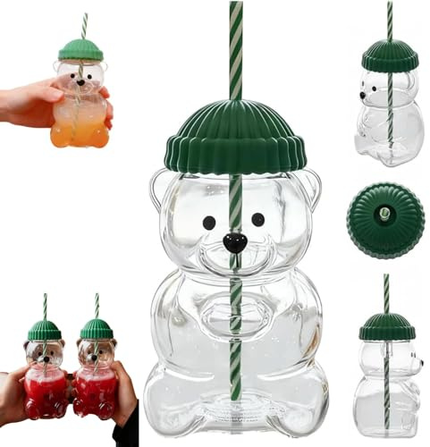 Figskey Cute Bear Glass Cup,Clear Bear Straw Cup,Glass Bears Cup with Lid and Straw,Bears Shaped Glass Cup,Cute Mugs for Coffee Drinks,Milk Tea