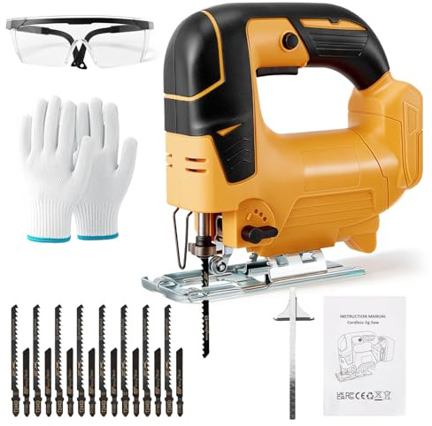 Cordless Jigsaw Compatible with Dewalt 18V 20V Battery, Electric Jigsaw Cut Off Tool with 4 Orbital Settings, ±45° Bevel Cutting, 20pcs Blades and Tools Kit for Wood Plastic Metal Cutting (No Battery)