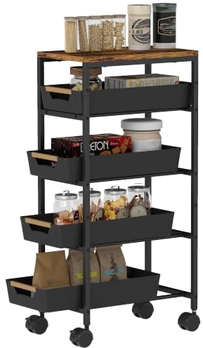 HOMCOM Desserte Cuisine à roulettes 5 Niveaux 4 Tiroirs Coulissants Noir | Chariot de Service, Chariot de Rangement, Étagère de Rangement, pour Salon, Cuisine, Salle à Manger