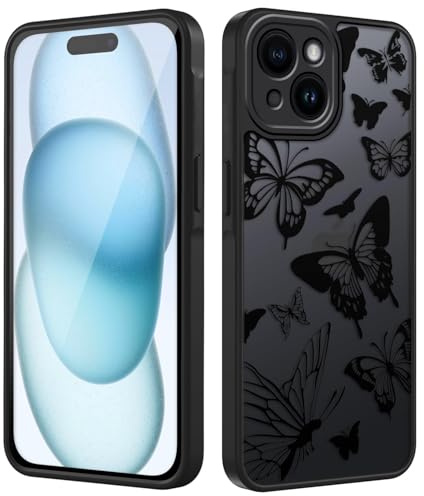 Tawarror Handyhülle für iPhone 15 Hülle, Matt Transluzente Aesthetic Schmetterling Muster Schutzhülle PC Rückseite Kratzfest TPU Fallschutz Stoßfest Anti-Fingerabdruck Case, Schwarz