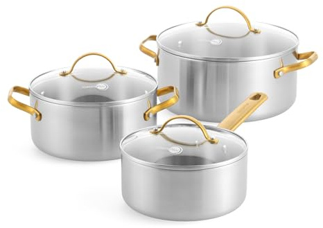 GreenPan Padova 6-teiliges Edelstahl-Kochgeschirrset mit Glasdeckeln, Kochtöpfen und Suppentopf, dreifach, induktionsgeeignet, goldener Edelstahlgriff, ofenfest bis 220 °C, spülmaschinenfest, silber
