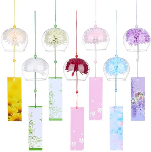 PH PandaHall 7 Styles 40.5cm Carillons à Vent Japonais, Carillons à Vent en Verre Colorés à Fleurs avec Étiquettes Suspensions Décoration Ambiance pour Fenêtres, Balcons, Terrasses, Branches