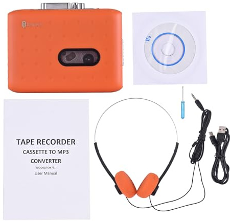 Lecteur Cassette Portable USB à MP3, Mini Convertisseur Audio Noir ou Orange, Enregistrement Micro Intégré et Sortie Jack 3,5 mm - Numérisez Vos K7 Facilement, Lecteur (Orange)