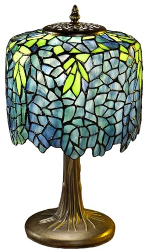 Tiffany-Stil Lampe|Tischlampe Buntglas 'Blue Wisteria' ca. 23x40cm | Tiffanylampe-Reproduktion aus echtem Tiffanyglas|Buntglaslampe Blauregen-Motiv|Wohnzimmer-Schreibtisch-Nachttisch-Büro