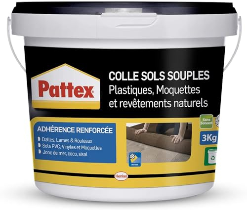 PATTEX Colle sols souples plastiques, moquettes et revêtements naturels - adhérence renforcée, formule sans solvant - Seau 3 kg