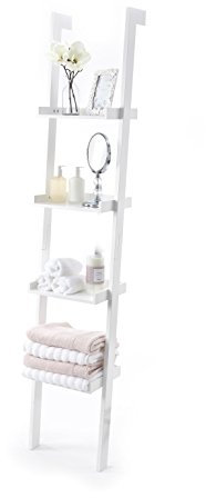Elegant Brands Ladder Leaning Bookshelf, Wooden with White Paint Finish, 4 Tiers - Sennen Range