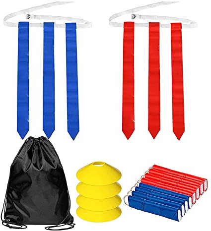 Kissmii Flaggen-Fußball-Set – 14-Teilige Gürtel mit 42 Flaggen (21 Rote und 21 Blaue Flaggen) 4 Hütchen Erwachsene Jugend-Flaggen-Fußballgürtel