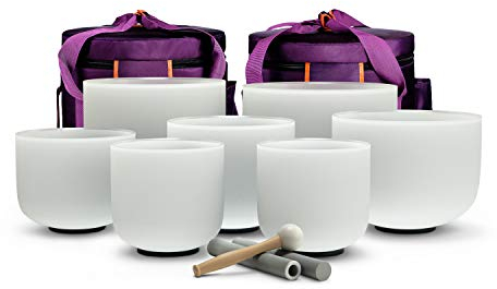 TOPFUND 432 Hz Chakra Set of 7 Crystal Singing Bowls 7-12 inch with Heavy Duty Carrying Cases and Singing Bowl Mallets