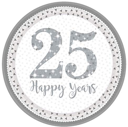(PKT) Adult 8 Pack 25th Sparkling Silver Annivery Paper Plates 23cm